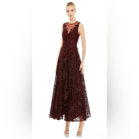 Mac Duggal Elegant Burgundy Lace Dress Style# 20421 - Picture 1 of 7
